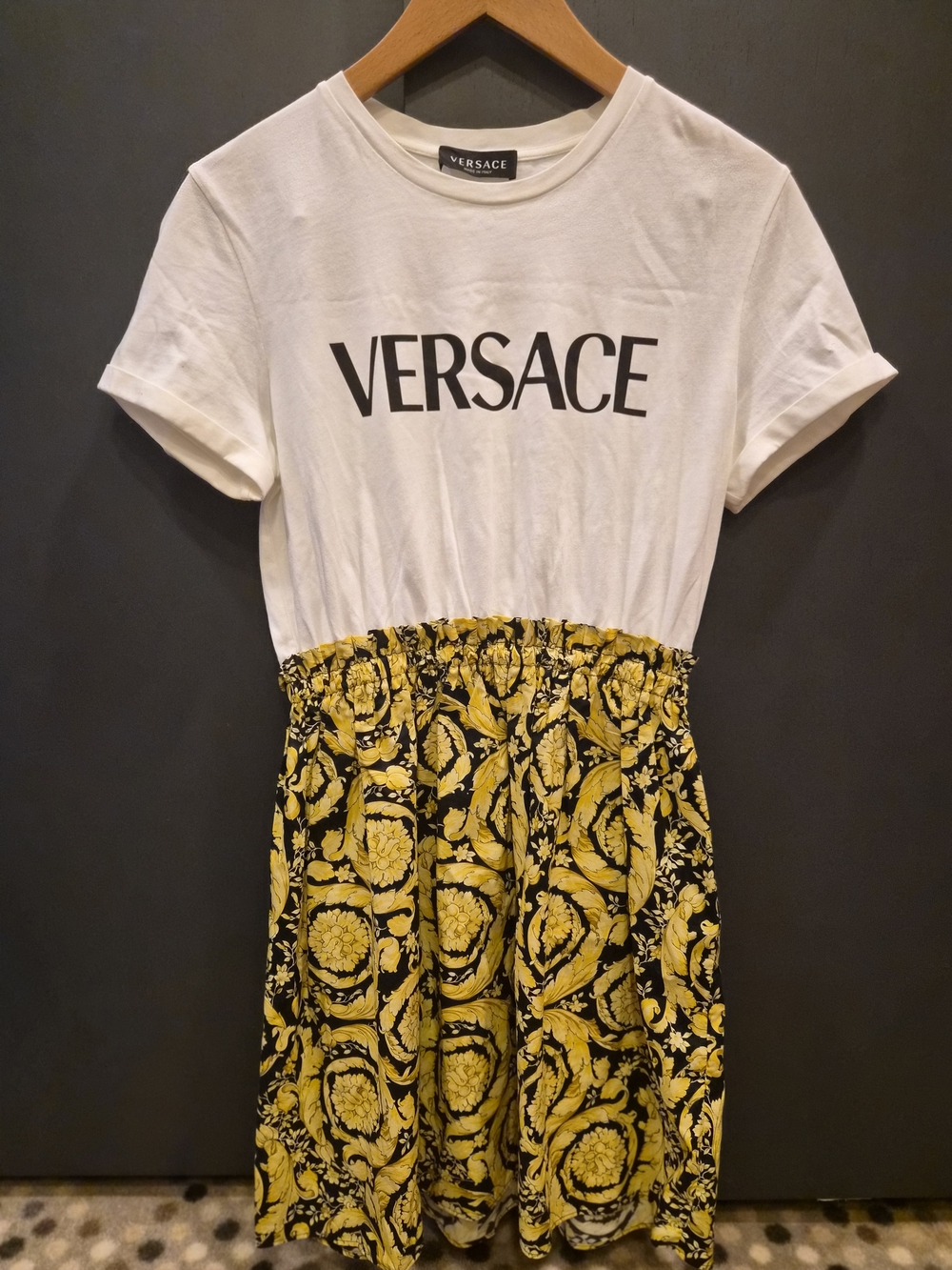 Versace White Logo Tee Dress with Yellow Baroque Skirt